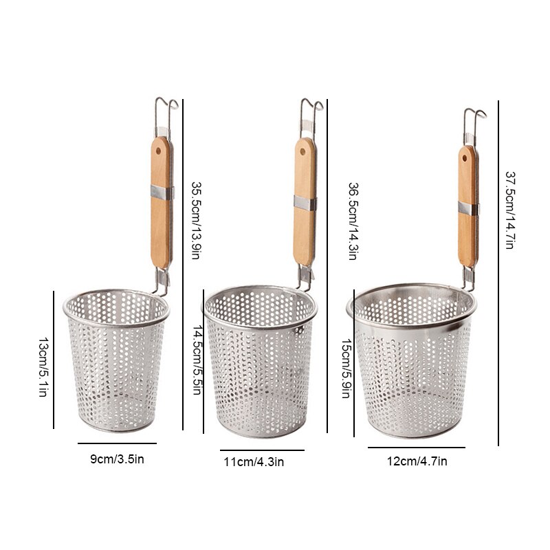 Roestvrij Staal Noodle Lepel Mesh Pasta Mand Met Houten Non Slip Handvat &amp; Staart Opknoping Haak Lichtgewicht Duurzaam Koken Gereedschap