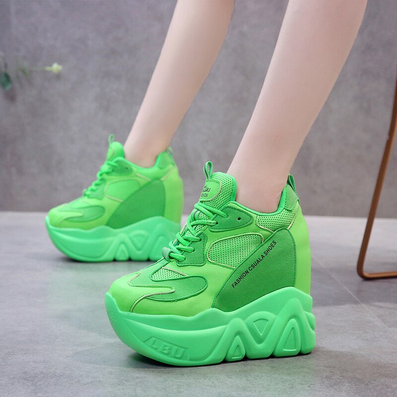 Super hoge hakken chunky sneakers vrouwen herfst dikke bodem hoogte toenemende casual schoenen vrouw mesh platform Vulcaniseer g787: green / 6.5