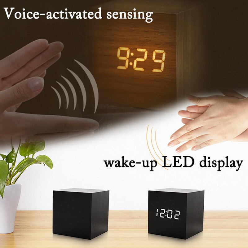 Kleine Quadrat Digitale Holz LED Wecker Holz retro glühen Uhr Schreibtisch Tabelle Dekor Stimme Kontrolle Schlummern Funktion Schreibtisch Werkzeuge