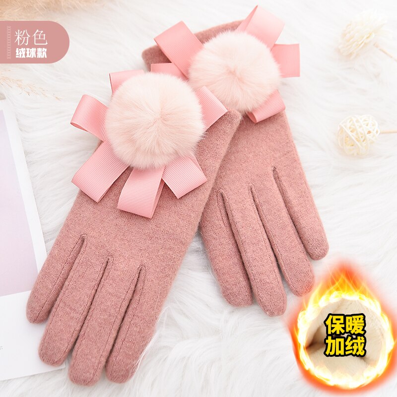 Woodpecker cashmere gloves lady cute plush thicker warm drive ride touch screen wool gloves: Milky White