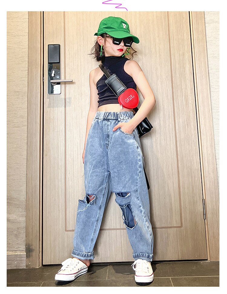 Dziewczyny porwane jeansy 8 0 12 yearsBlue spodnie dżinsowe 2022 nowa, w stylu Streetwear moda dla dziewcząt nastolatek stroje jeansowe