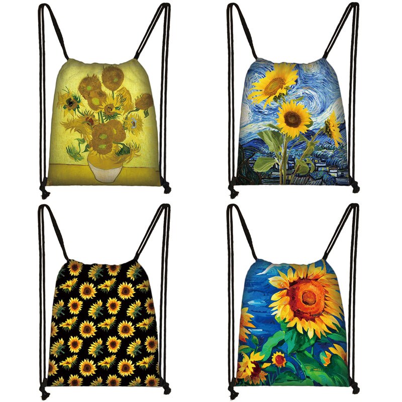 Van Gogh Sunflower Starry Night Drawstring Bag Women Canvas Storage Bags Casual Backpack Ladies Travel Bag