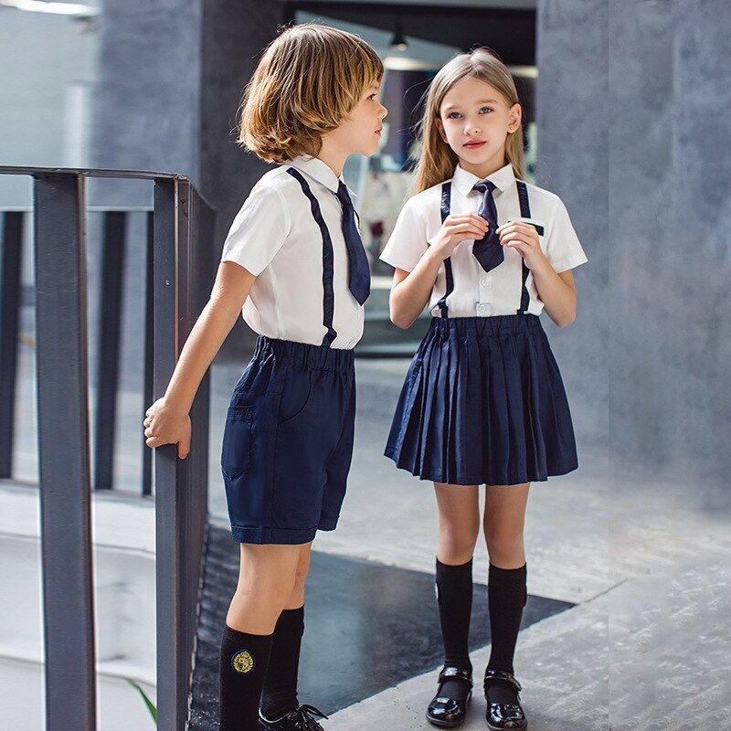 Uniformes escolares japoneses coreanos de algodón para niños y niñas, camiseta blanca, Falda plisada azul marino, pantalones cortos, conjuntos de trajes para estudiantes
