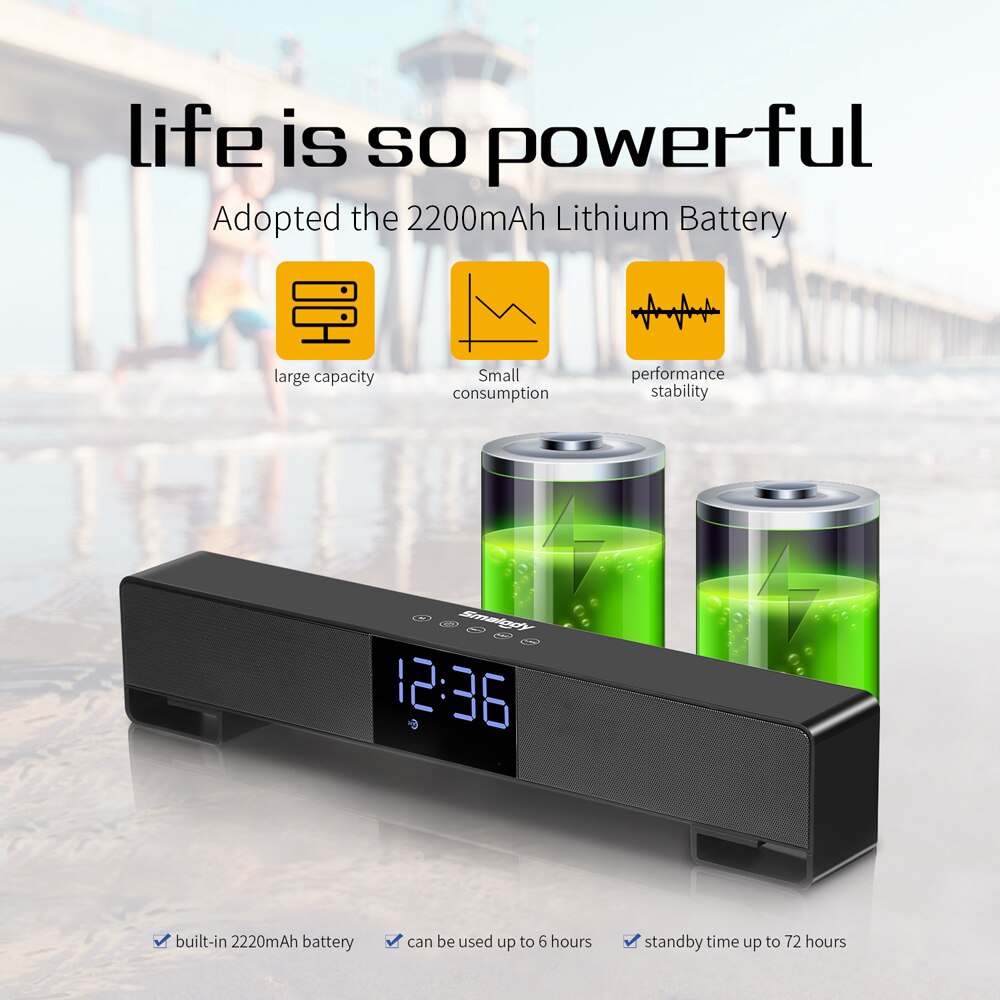 Smalody TV Bluetooth Speaker Portable Wireless Sound Bar Dual Loudspeakers 10W with Alarm-clock LED Display Handsfree Call AUX
