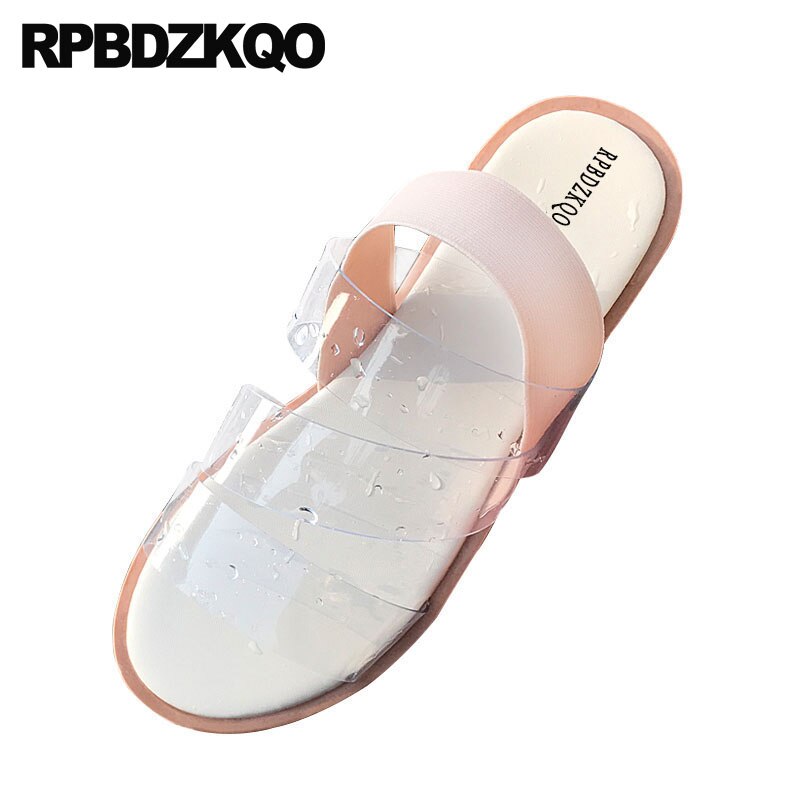 Zapatos de playa de plástico de vacaciones sandalias de las mujeres planas casual slip on pvc transparente punta abierta slingback claro cómoda