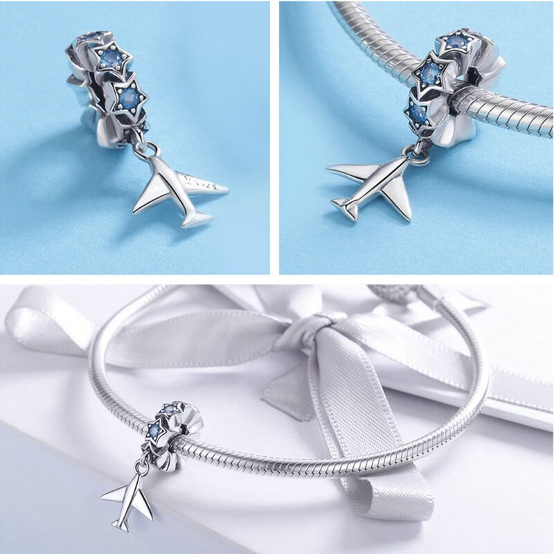 WOSTU Travel Around World Charms 100% 925 Sterling Silver Airplane Blue Beads Fit Original Bracelet Pendant DIY Necklace Jewelry