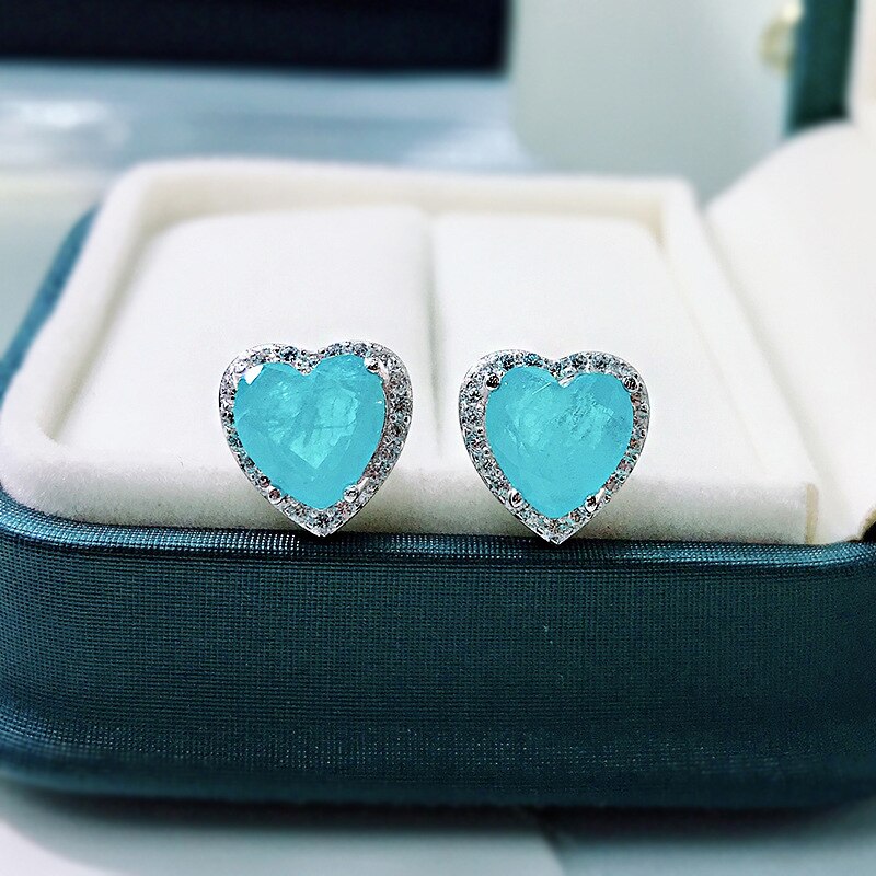 Oevas 100% 925 Sterling Zilver 10*10Mm Hart Synthetische Paraiba Toermalijn Hanger Ketting Voor Vrouwen Partij Fine Jewelry: Earrings