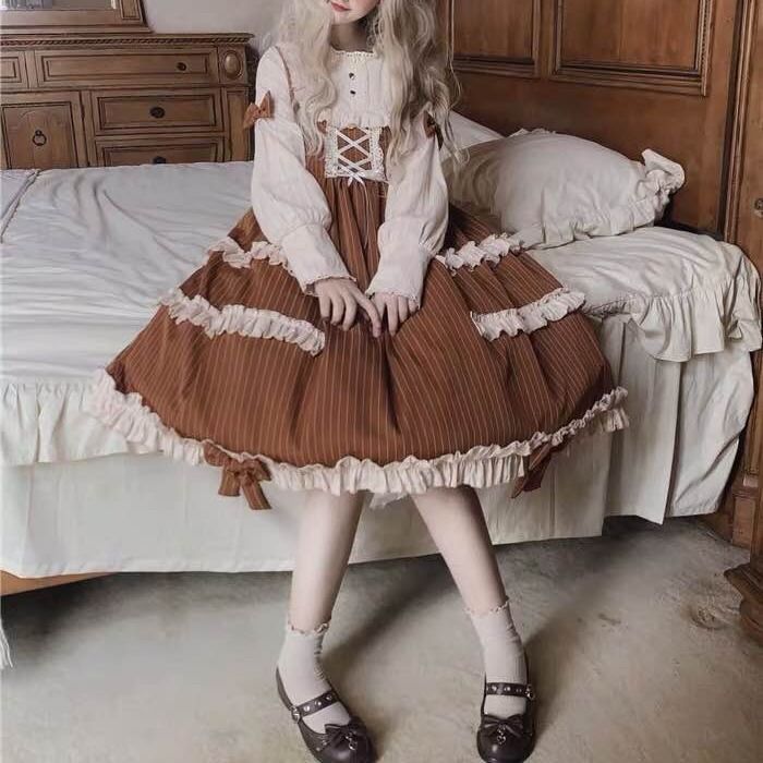 Vestido lolita para mujer, con encaje de muñeca ángel, manga larga, para uso diario, de algodón, estilo princesa, gótico, loli, disfraz de sirvienta.: Jiaotang