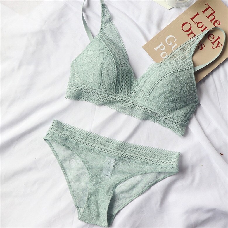Neue Frauen 4 Farbe Unterwäsche Französisch Draht-Freies Ultra-dünne Bralette sexy Spitze Dreieck Tasse drücken-hoch Bh einstellen Baumwolle Bh und Höschen: Grün / L 75D 80B 80C