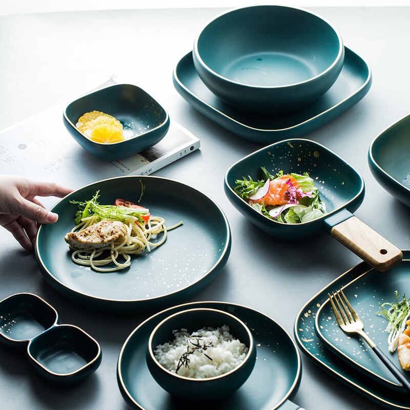 High Retro Groene Nordic Keramische Servies Servies Set Kom Plaat Soepkom Set Moderne Stijl High-End