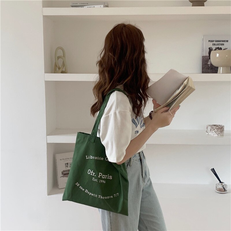 Women Canvas Shopping Bag Paris Letters Print Shoulder Bag Eco Cotton Linen Shopper Bags Cloth Fabric Handbag Tote For Girls