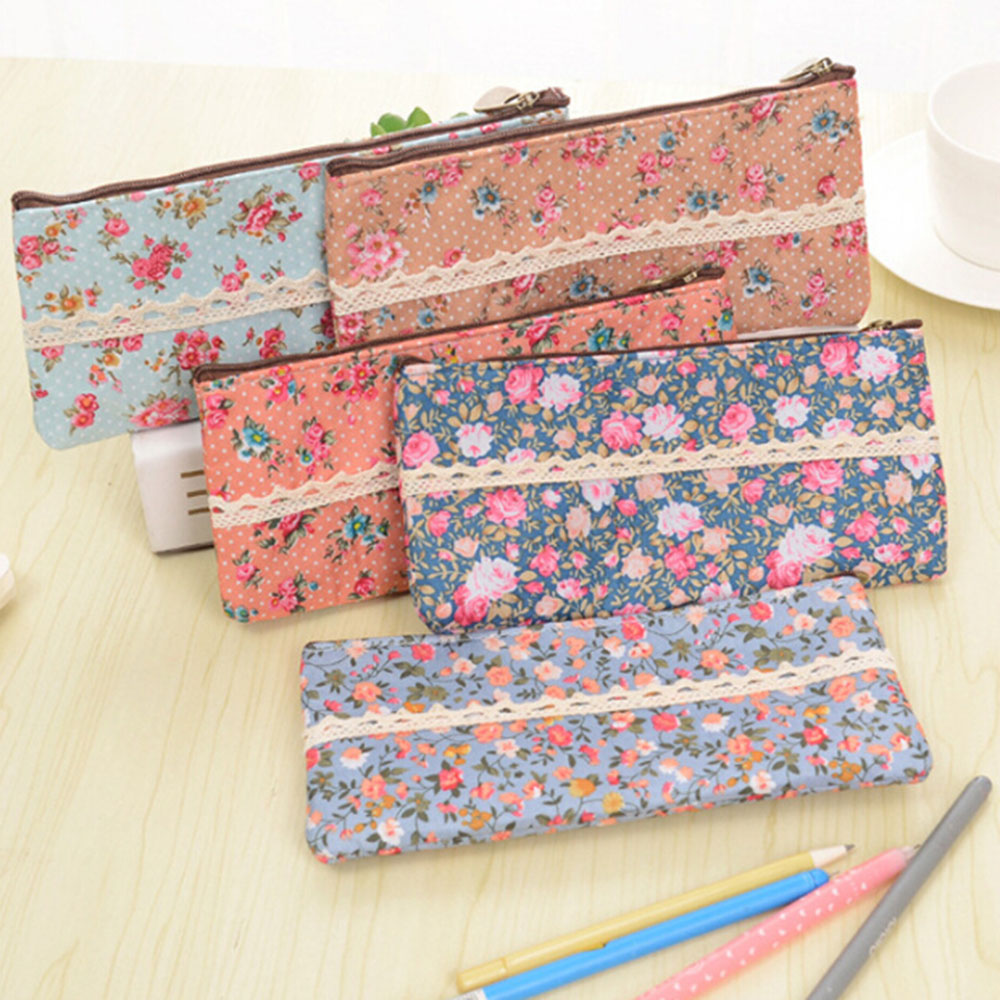Útiles escolares para oficina, estuche de lápices con cremallera y encaje de flores Vintage, estuche de fieltro para bolígrafos, estuche organizador de almacenamiento de papelería 1 unidad
