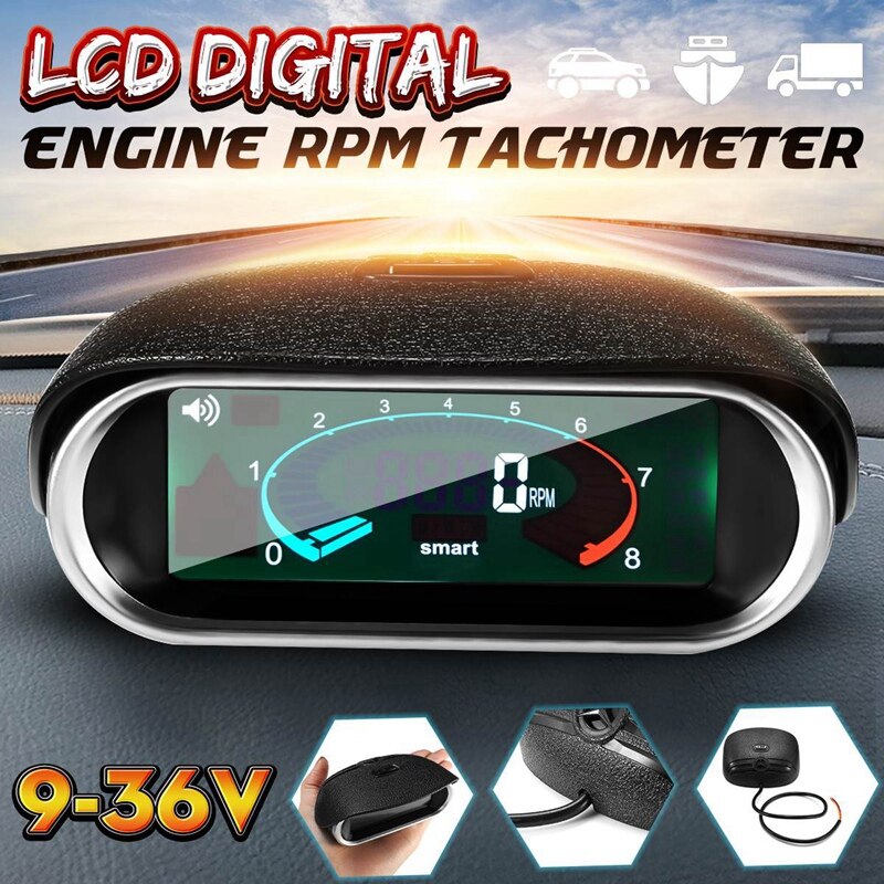 Car Universal 50-9999RPM Tachometer LCD Digital Display Engine Tachometer Boat Truck LCD Screen RPM Meter