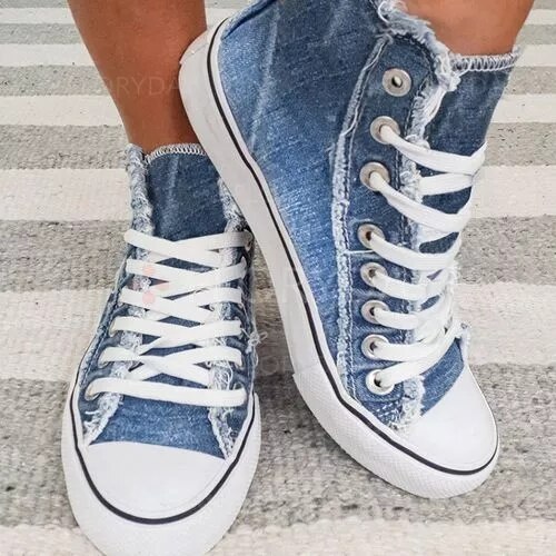 Kvinne komfortable sko sommer damesko denim lerret stor størrelse damesko høy-topp sko snøringe flat