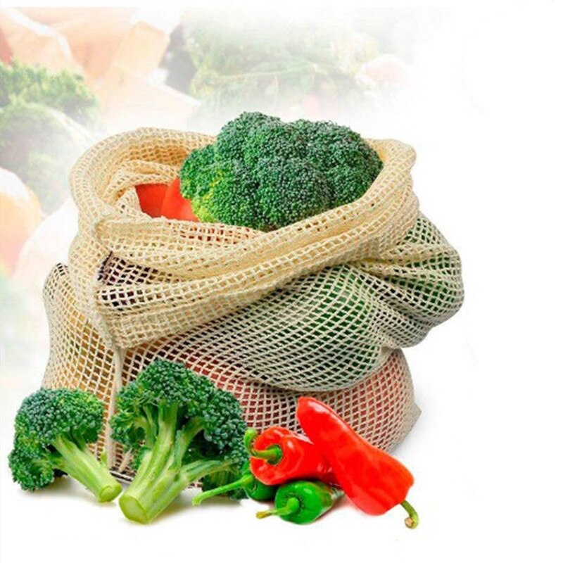 Cotton Mesh Vegetable Bags Produce Bag Reusable Cotton Mesh Vegetable Storage Bag Kitchen Fruit Vegetable with Drawstring