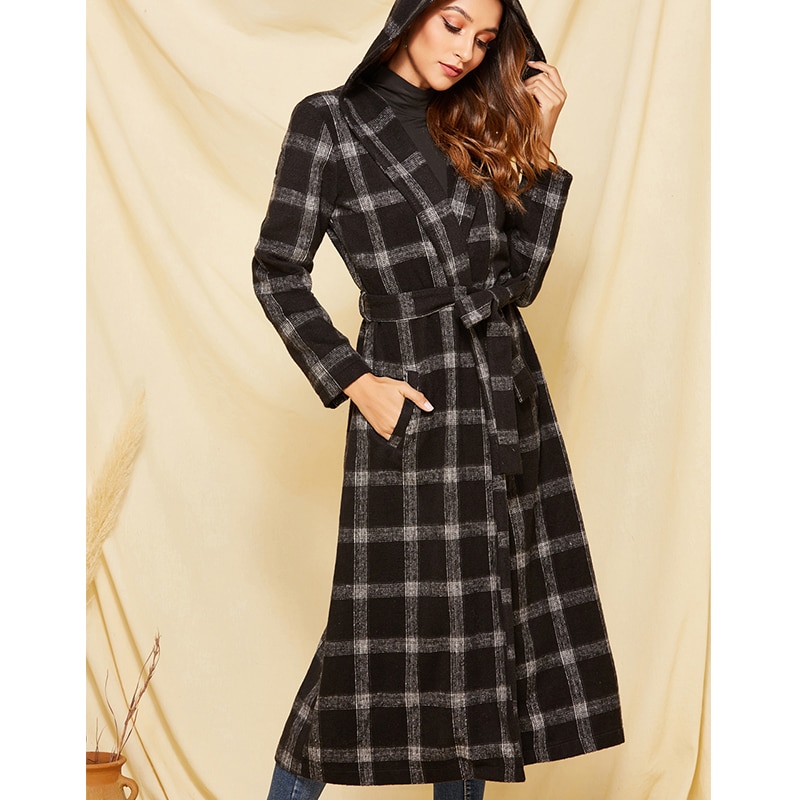 Vintage winterjas dames capuchon geruite ceintuur trenchcoat lange jas herfst lange mouw zakken casacos de inverno feminino