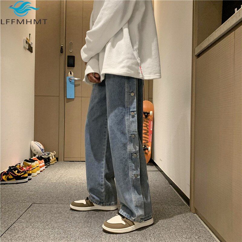 Winter Casual Joker Button Fly Jeans Loose Wide Leg Straight Denim Harajuku Trendy Cool Men Pants