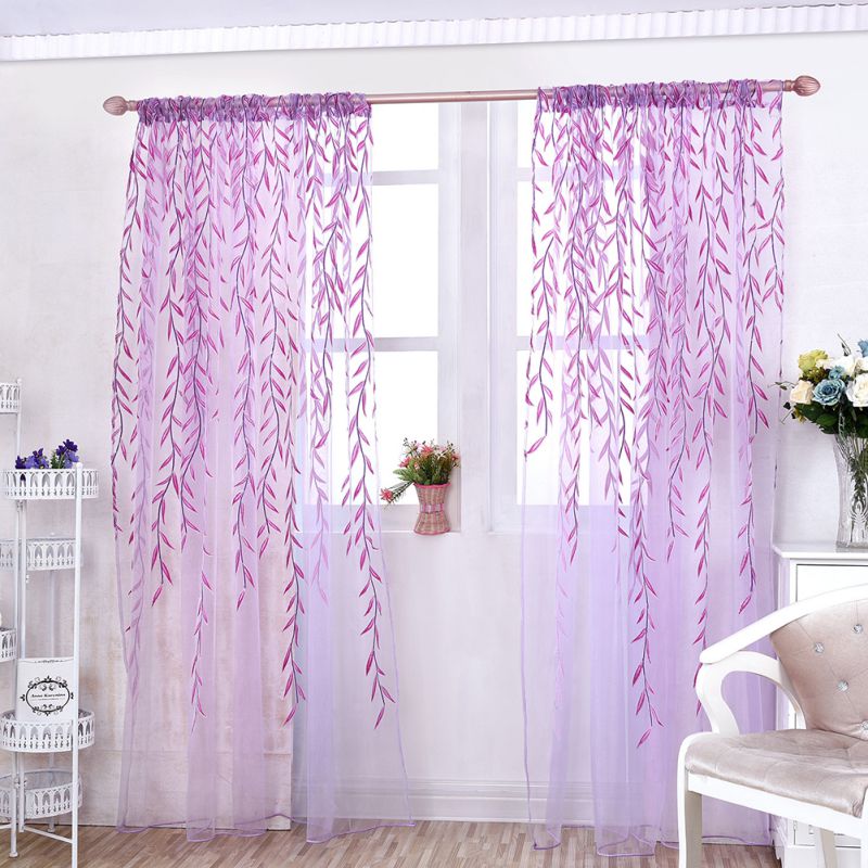 Modern Tulle Curtains for Living Room Bedroom Kitchen Green Leaf Sheer Curtains for Window Tulle Curtains Drapes: Purple / 100X200CM