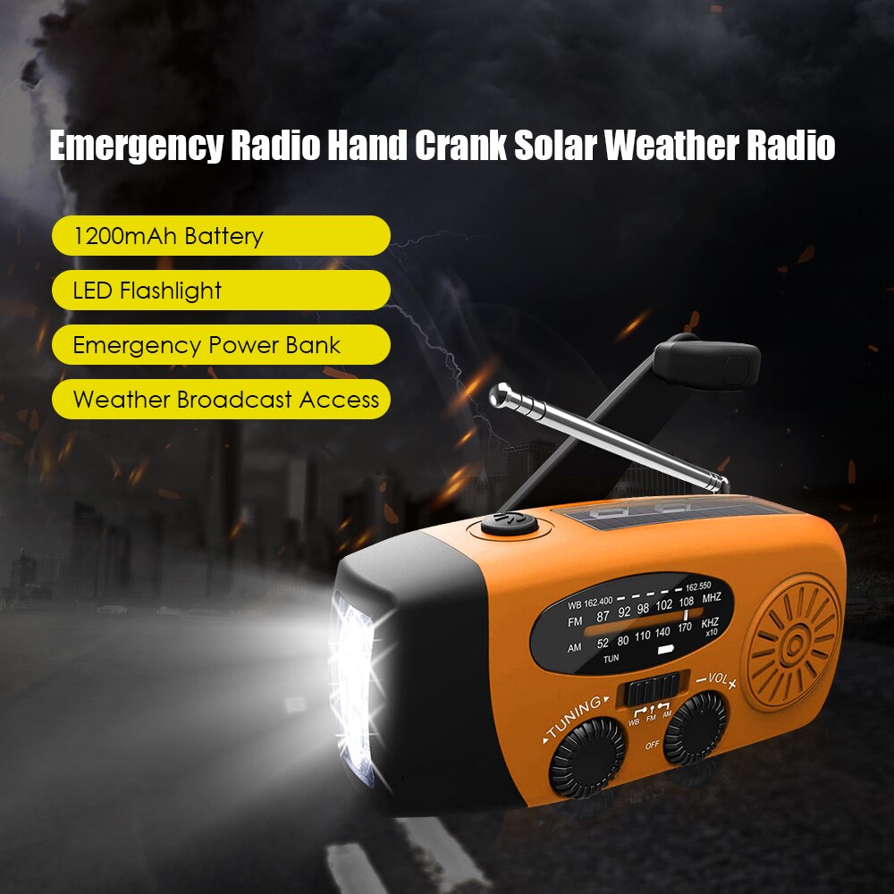 Emergency Radio Hand Crank Solar Weather Radio 1200mAh AM / FM / NOAA Emergency Weather Radio Portable Power Bank Solar Charging