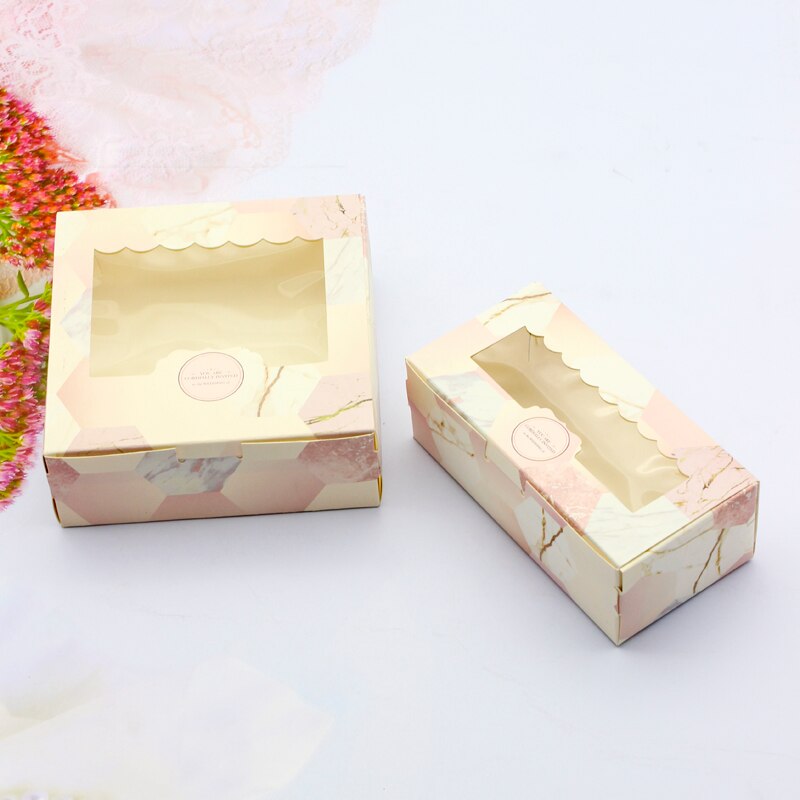 20Stck Papier Kasten Mit Fenster Rosa Marmor Hochzeit Party essen Verpackung Süssigkeit Hochzeit Karton Kuchen Boxen valentinstag Schild