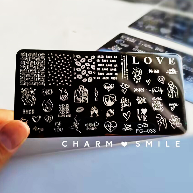 Placas de estampado de uñas con personajes de dibujos animados, amor, Día de San Valentín, estampado de hojas de flores, arco, corazón, plantillas de sellos para uñas, herramientas de decoración de uñas: Morado