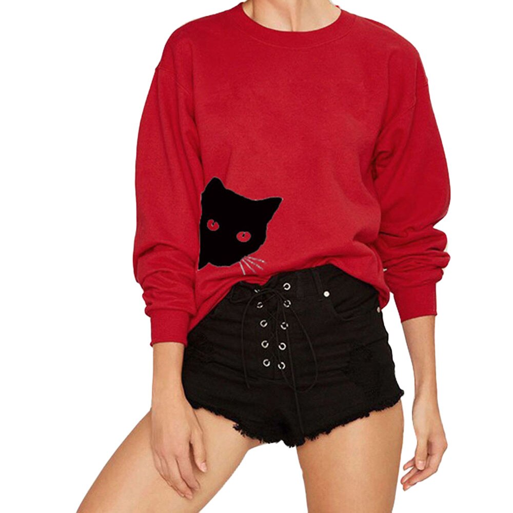 Jaycosin kvinder afslappet enkel kat print løs sweatshirt langærmet behagelig blød pullover toppe bluse: Rød / M