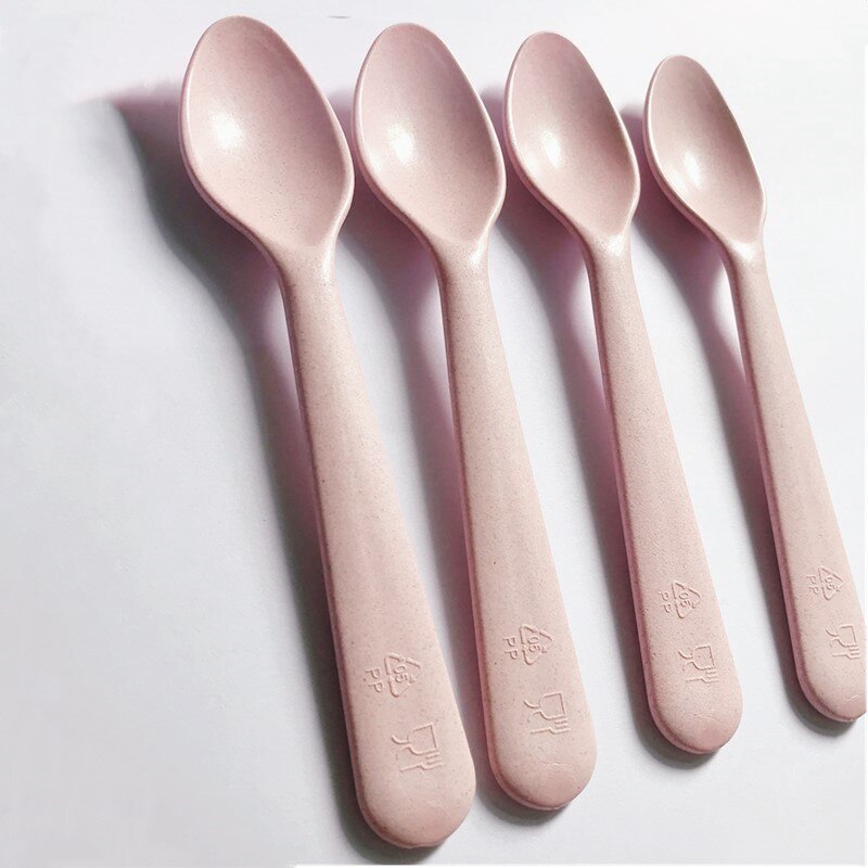 4pcs Pink Kitchen Wheat Straw Tableware Reusable Household Dishware Kids Adult Spoon Fork Cup Salad Soup Bowl Plate: A-4pcs pink spoon