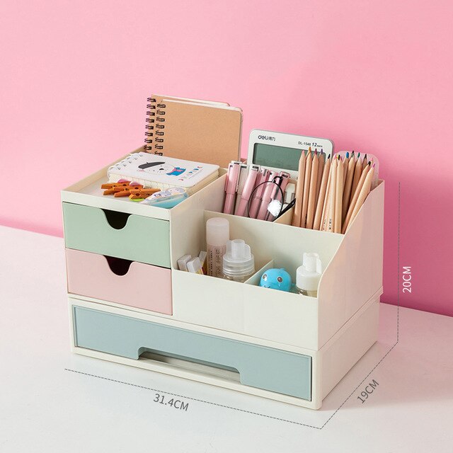 Cosmetic storage box cosmetic table storage box jewelry box plastic drawer dividing rubber band lipstick finishing rack: Green-Pink-Blue