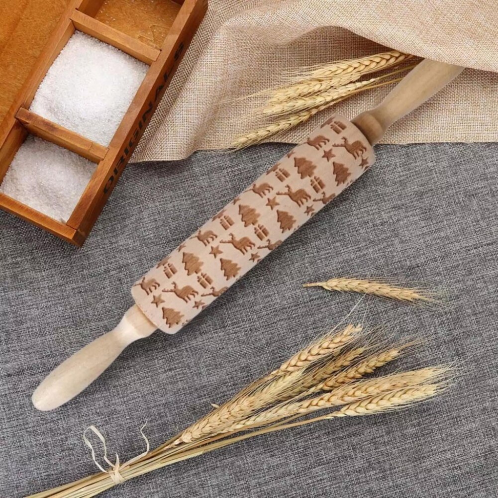 Wood Embossing Pizza Roll Pin Fondant Dough Deer Pattern Engraved Roller Stick Baking Pastry Tool Baking Christmas Accessories