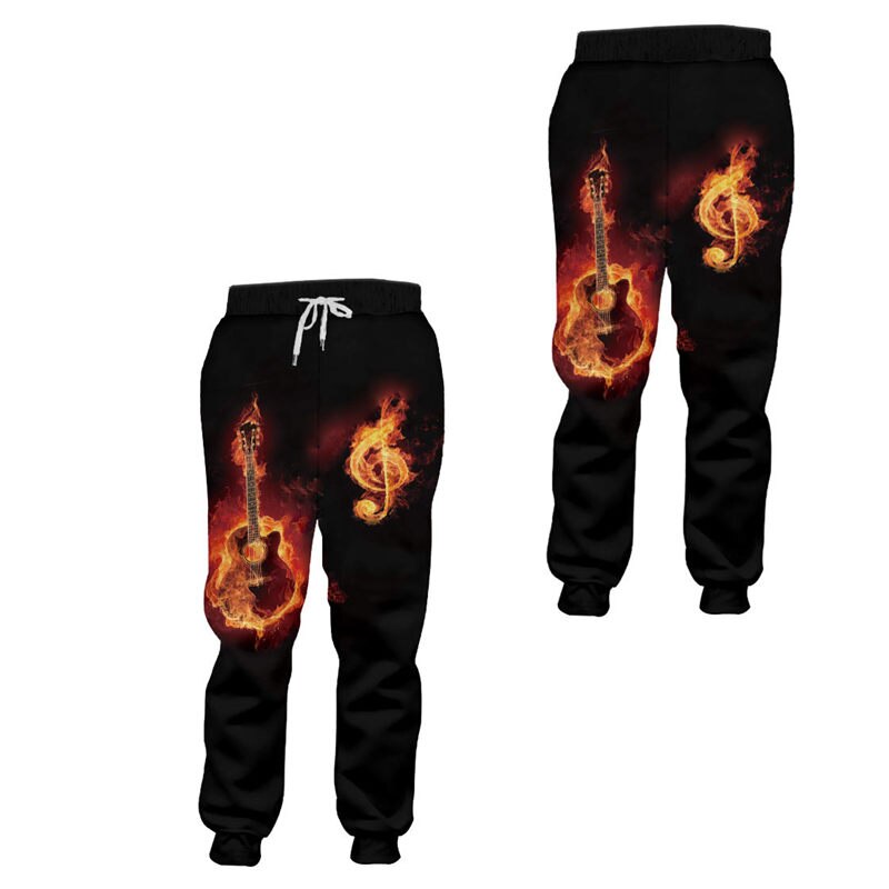 Sælg joggingbukser 3d trykte flamme guitar musikalsk symbol unisex joggerbukser mænd sportsbukser hip hop fede bukser: S / 3d joggingbukser