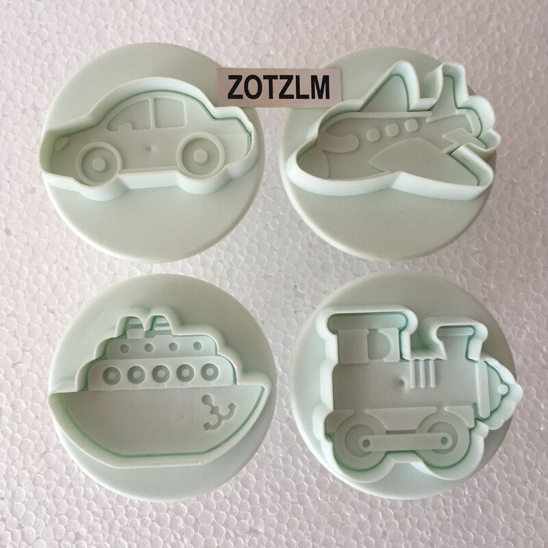4 stks/partij Transport Plastic Cookie Cutters Biscuit Cakevorm Cake Decorating Gereedschap Cartoon Vliegtuig Auto Trein Vorm SLP001