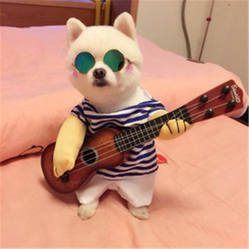Guitarra con reproductor para mascotas, disfraz de perro, disfraz de guitarrista para de Navidad, Halloween, ropa de Año para perros y gatos, peluca grande