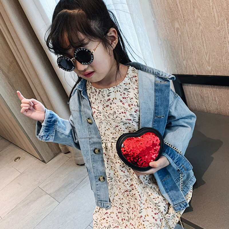 Europe Cute Girls Sequins Coin Purses Heart-shaped Princess Mini Glitter Paillette Bag Kids Chain Messenger Bag Wallets