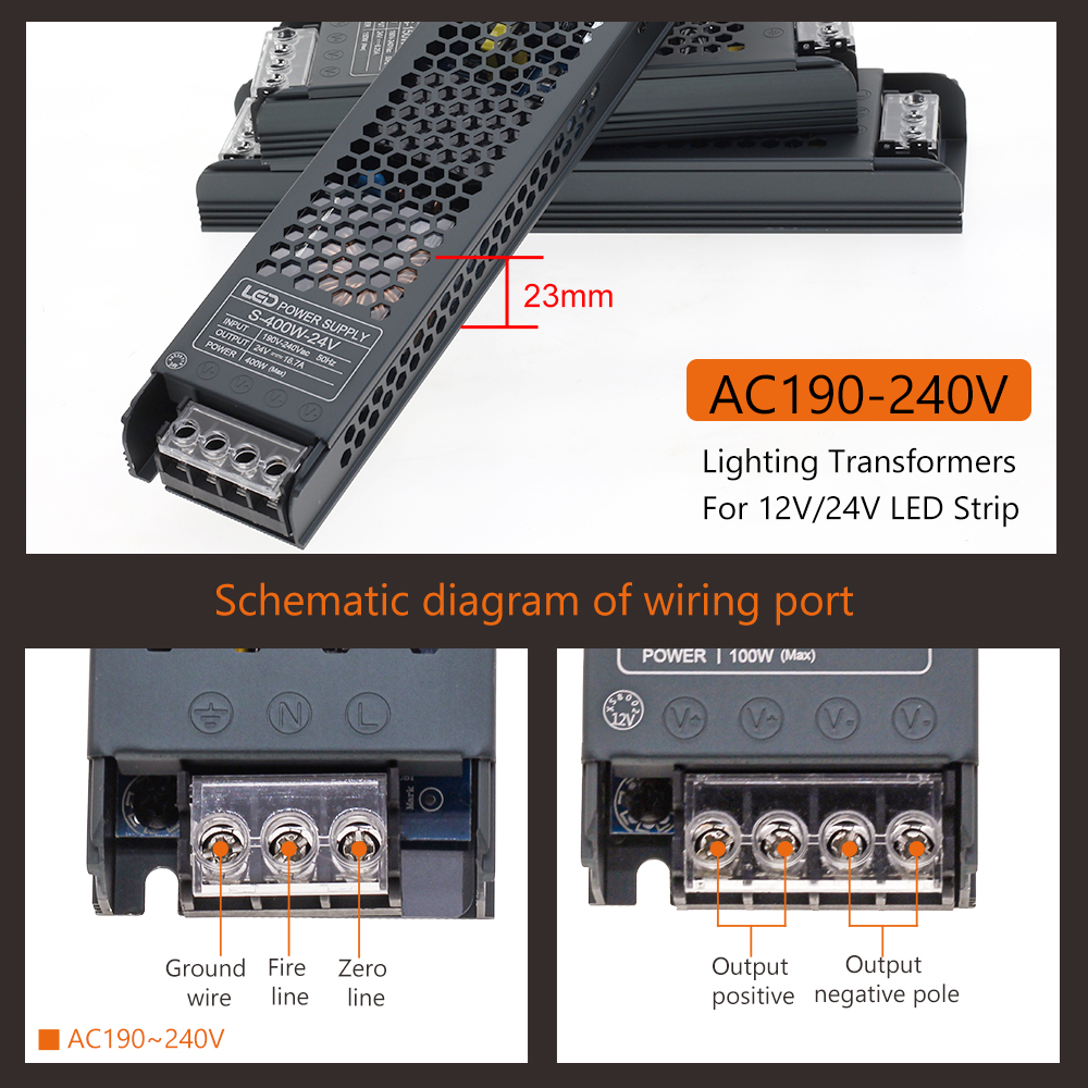 LED-Beleuchtungstransformatoren, Treiber, 12 V/24 V, Stummschaltung, Netzteilquelle, 60 W, 100 W, 200 W, 300 W, 400 W, 190–240 V, LED-Streifen-Konverter-Adapter