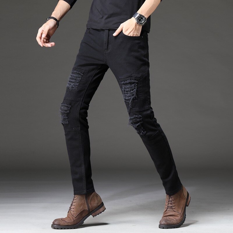 Skinny ripped jeans slanke svarte menn trange hip-hop bukser stretch pencil bukser all match trend ripped jeans for menn
