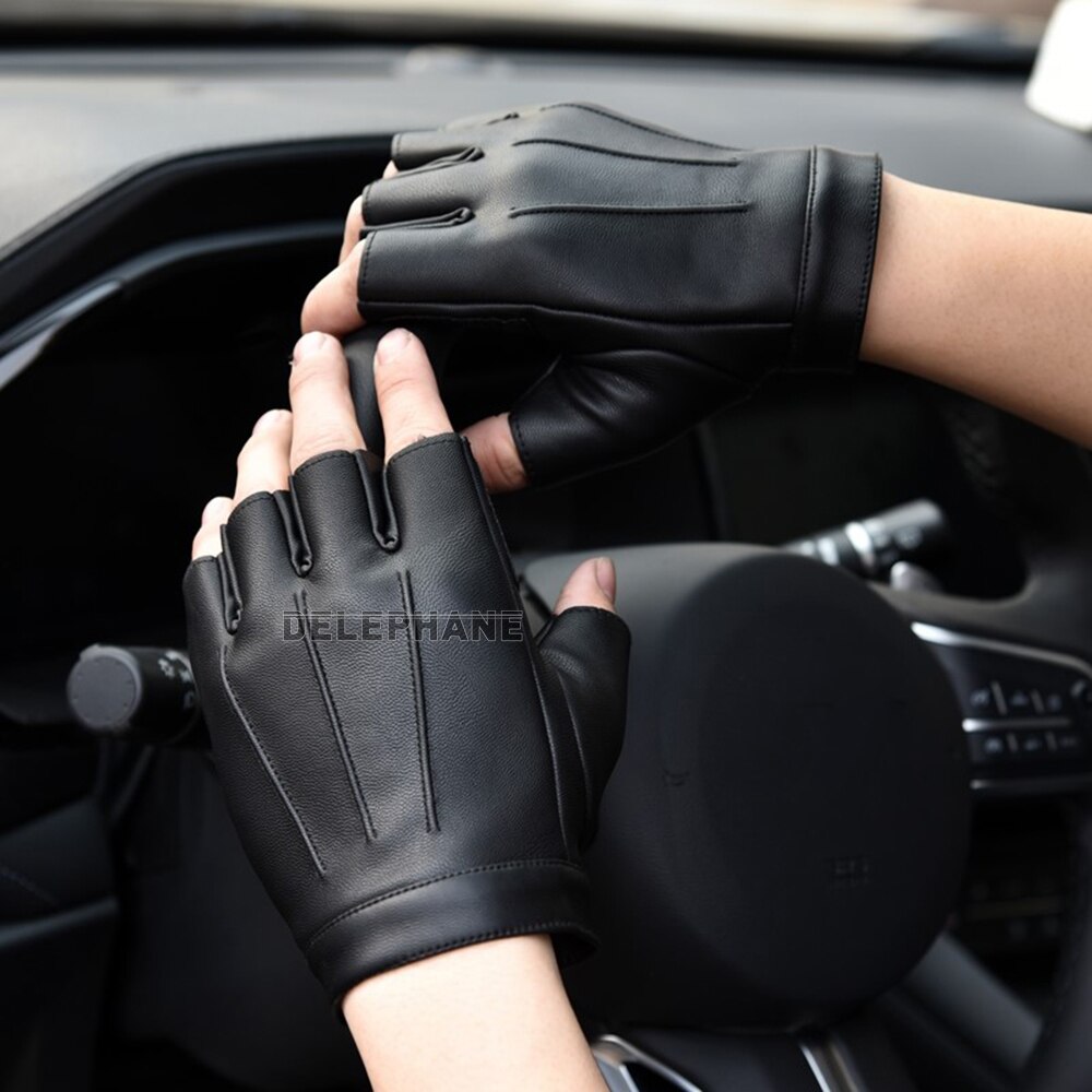 Dames dunne leren handschoenen met halve vingers, antislip leren handschoenen, handbeschermende handschoenen zonder vingers, fietshandschoenen