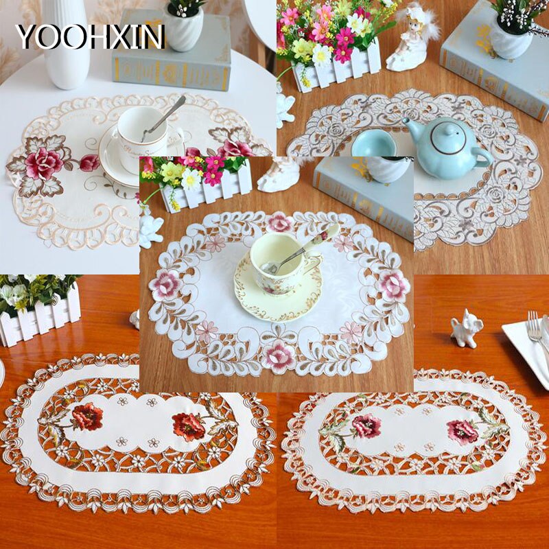 Oval spetsbroderi bord bordsunderlägg underlägg tyg kopp fat teunderlägg jul bordstablett doily kök bröllopstillbehör