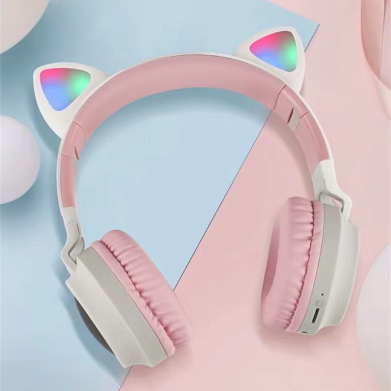 Cute Cat Bluetooth 5.0 Headset Wireless Hifi Music Stereo Bass Headphones LED Light Mobile Phones Girl Daughter Headset For PC