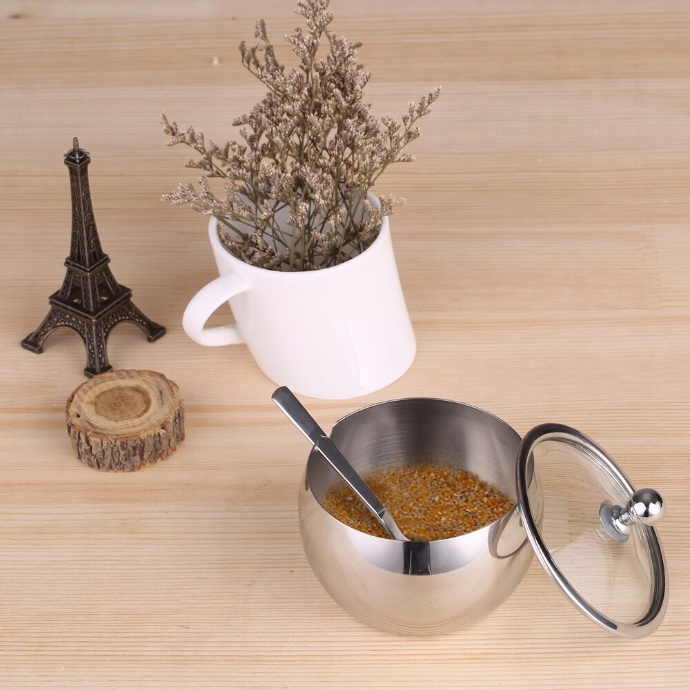 Homgeek high-end holdbart rustfrit stål sukker skål med låg og sukker ske alsidig krydderi container til køkken