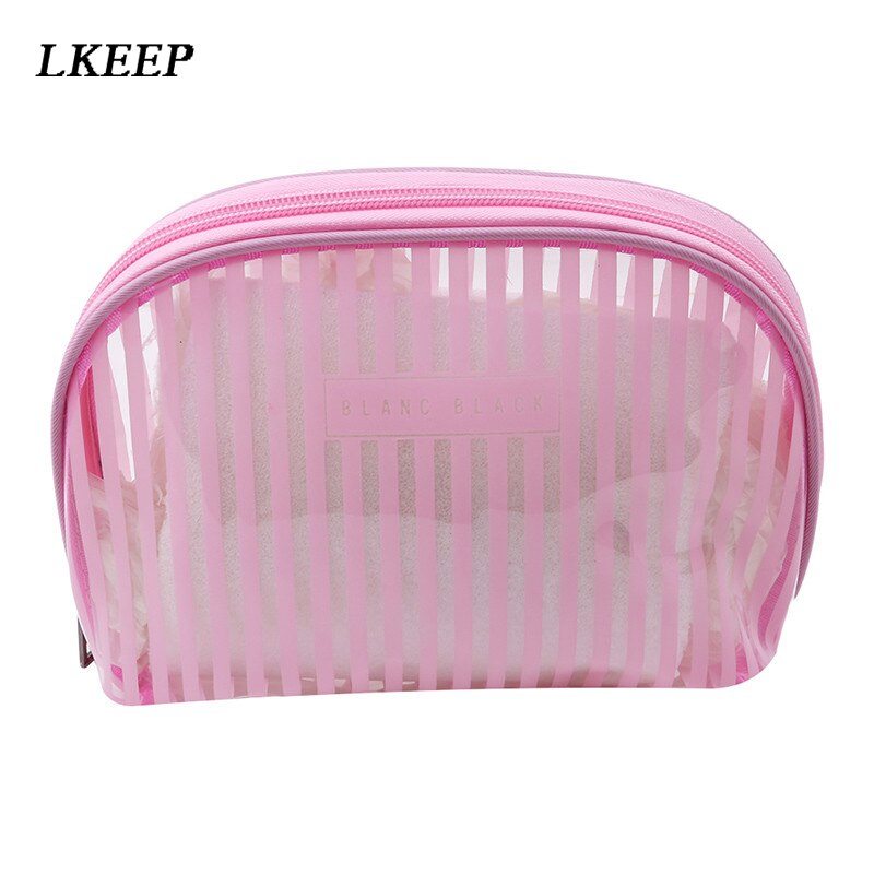 Pvc Transparante Grote Capaciteit Cosmetische Tas Vrouwen Mode Reizen Draagbare Waterdichte Strepen Maken Up Toilettassen: Pink Color