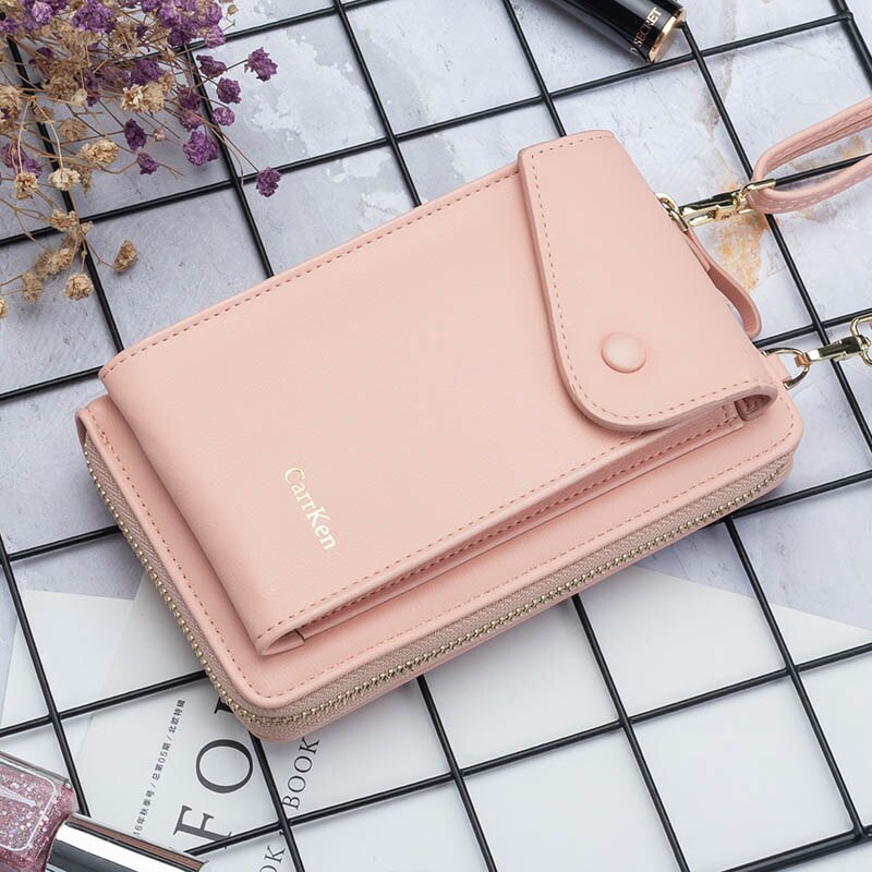 Cartera de mujer, bolso coreano de doble capa con costuras para teléfono móvil, bolso bandolera con cremallera,: Rosa