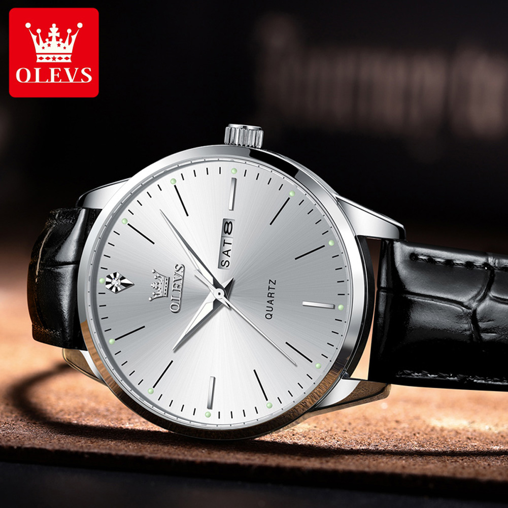 OLEVS 2935 Dual Kalender Quartz Jurk Horloge Voor Mannen Eenvoudige Originele Lederen Man Horloges Waterdichte Lichtgevende Zakelijke Hand Klok