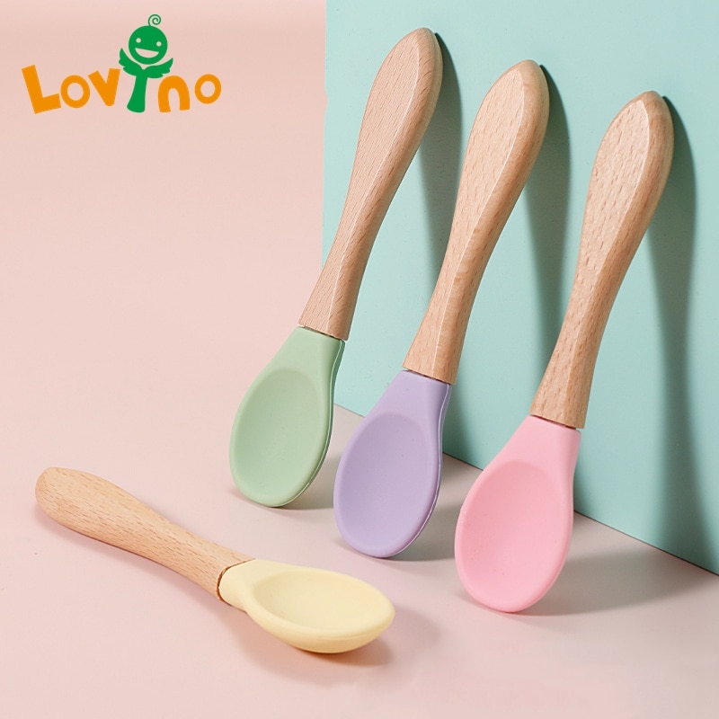 Feeding Wooden Handle Silicone Spoon For Baby Utensils Eat Soild Food Kids Training Manipulative Ability Children's Tableware