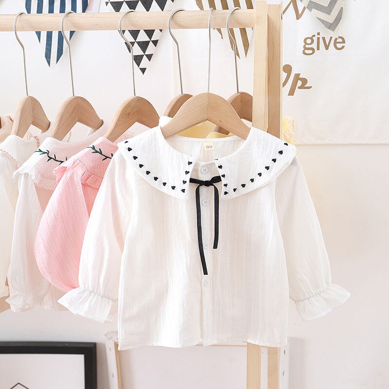 Printemps chemise bébé filles couleur bonbon coton Blouse infantile point motif nœud papillon à lacets revers doux mignon confortable pleine manches: white / 80