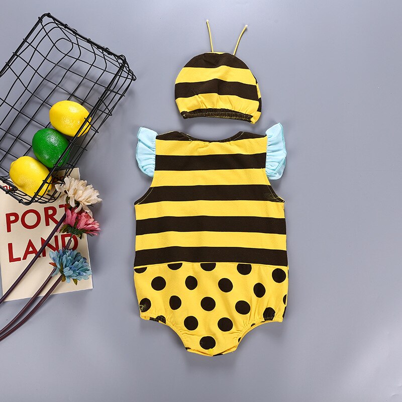 Barboteuse Triangle sans manches pour bébé, unisexe, Costume de petite abeille, garçon et fille, manches à volants, tenue d'animal avec chapeau, été