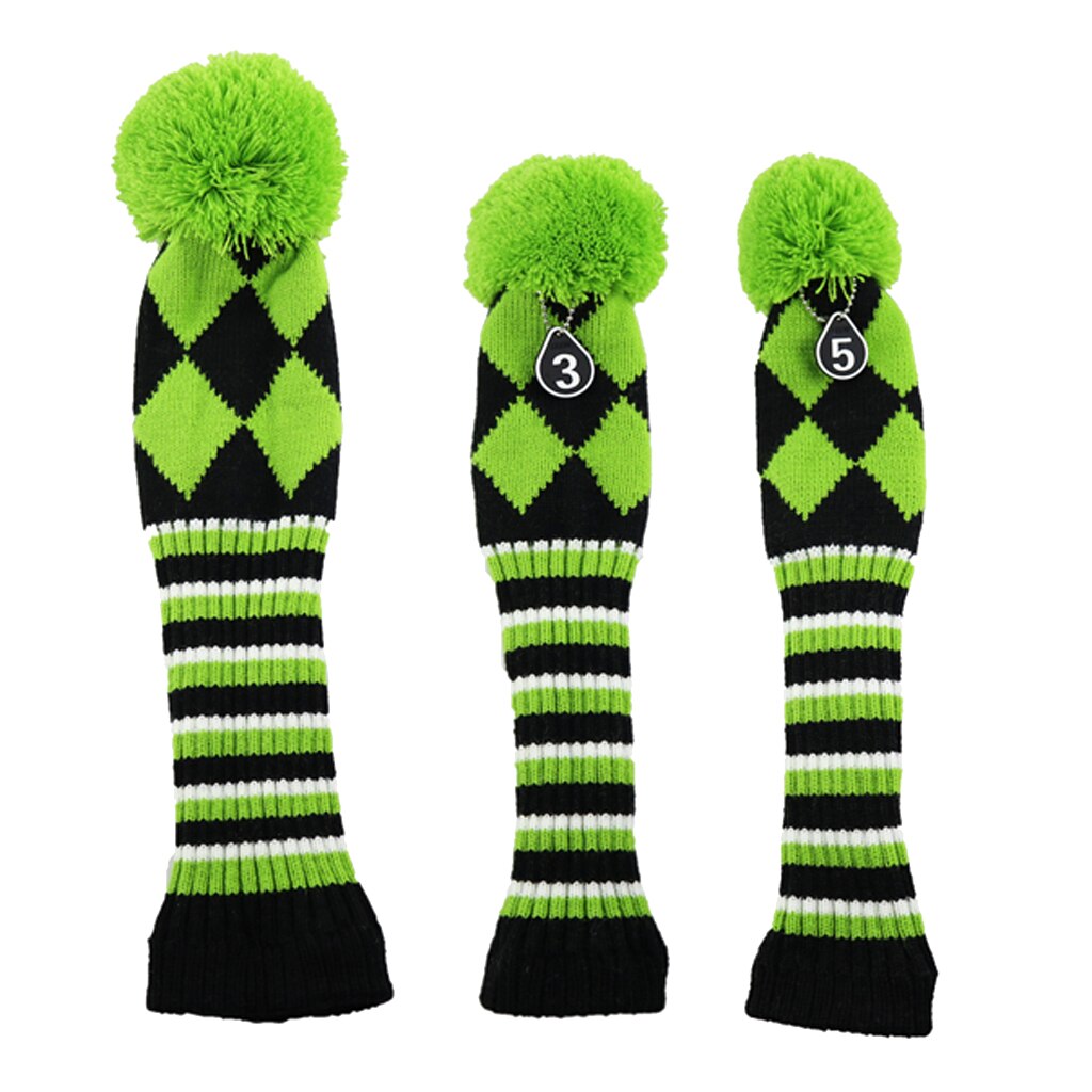 Stripes Knitted Golf Club Head Covers 3 Piece Set 1 3 5 Driver and Fairway HeadCovers with No. Tag: Green