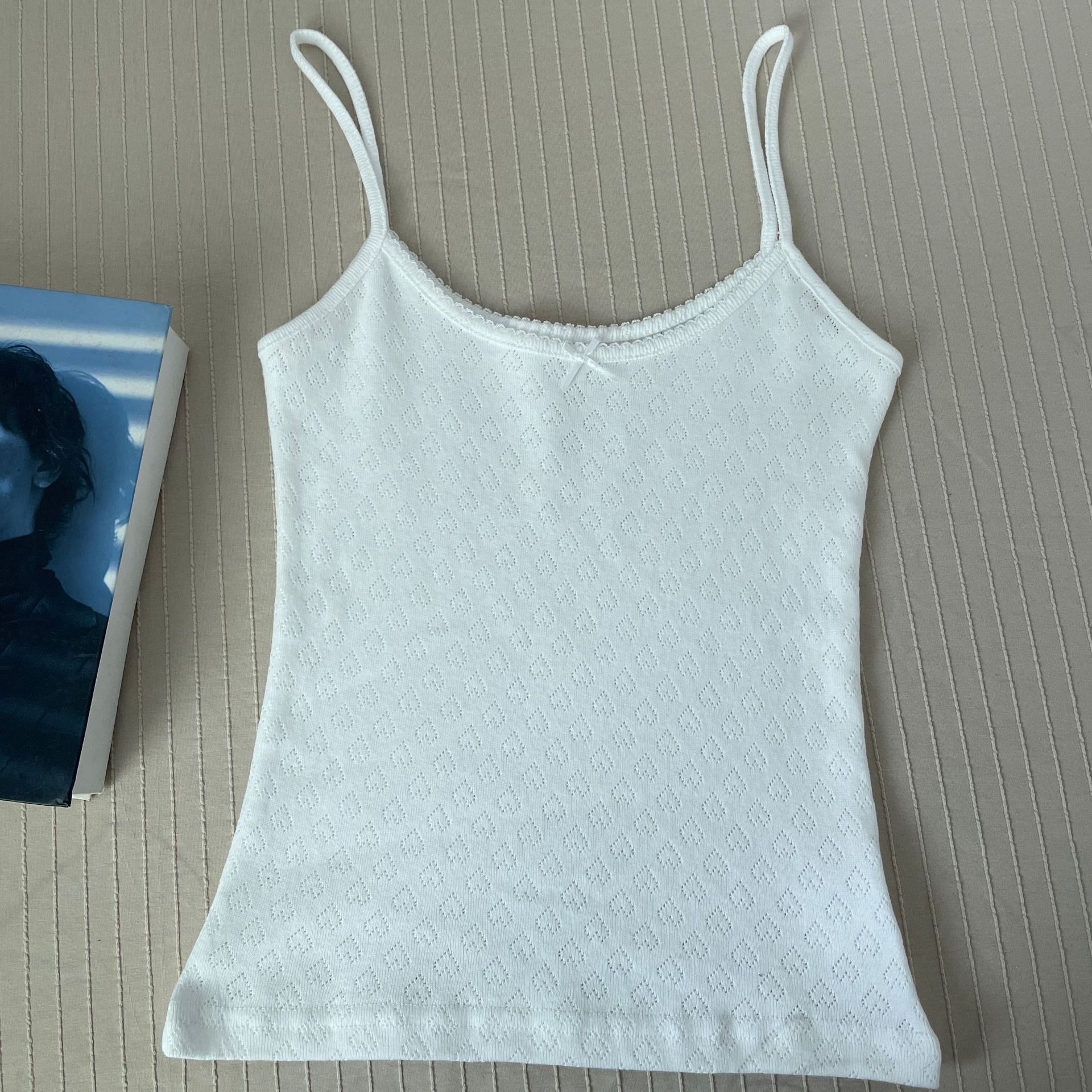 Tops cortos de algodón con lazo y ojales florales para mujer, Top sin mangas ajustado con adornos de encaje, camisola dulce de estilo Preppy, ropa Y2k: Verde