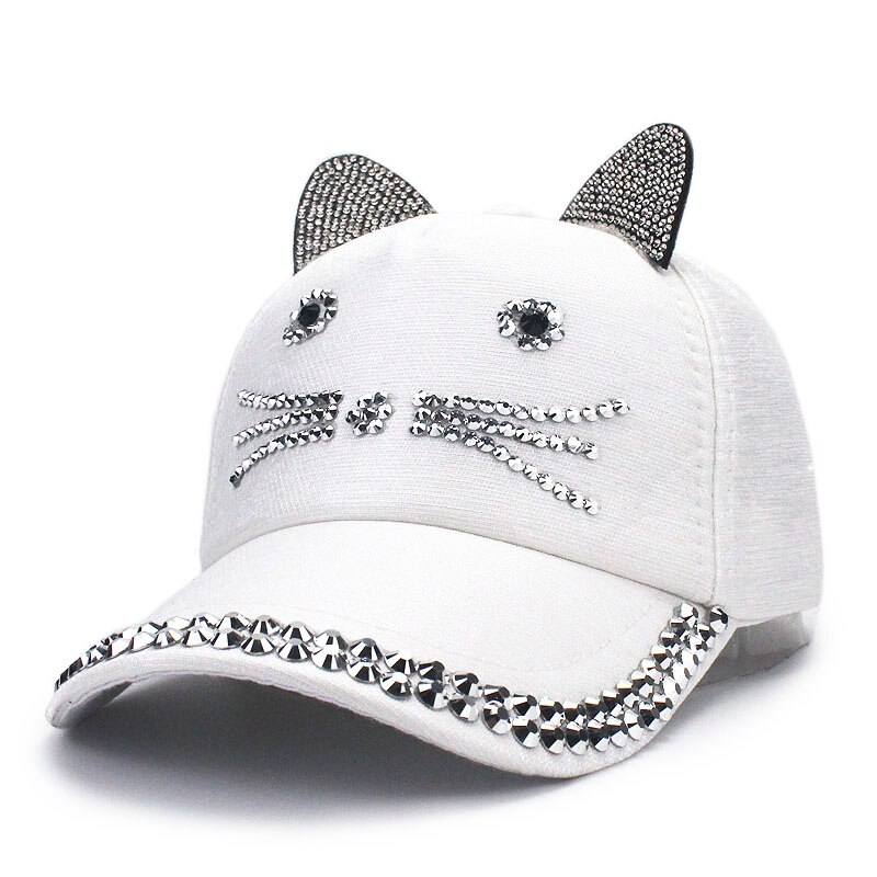 Gorra de béisbol ajustable con orejas de gato para niños, gorro con diamantes de imitación, perlas, ajustable, para primavera y verano: A