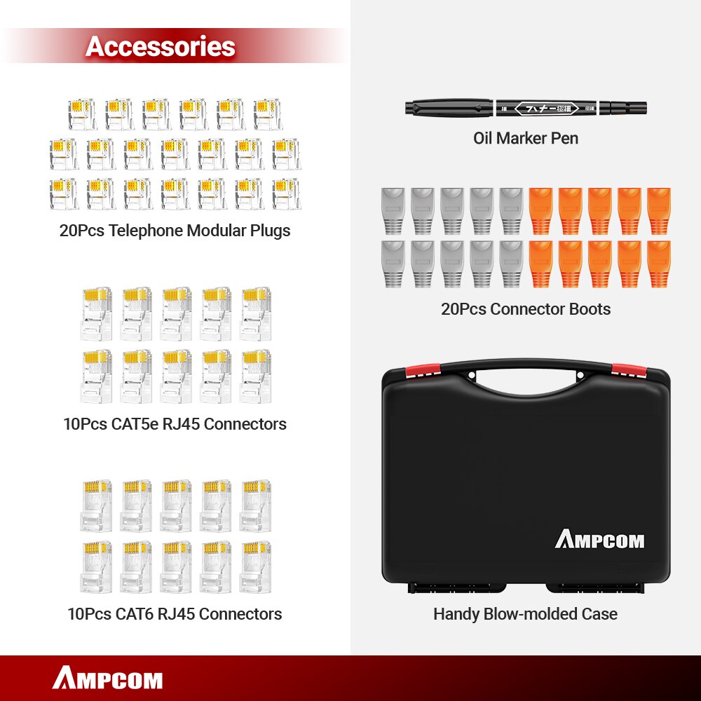 AMPCOM-Pince à sertir RJ45, ensemble d'outils de test Lan, dénudeur de câble Ethernet, outil de poinçonnage vers le bas, connecteurs RJ 45 RJ11, ensemble de réparation de câblage 12 en 1