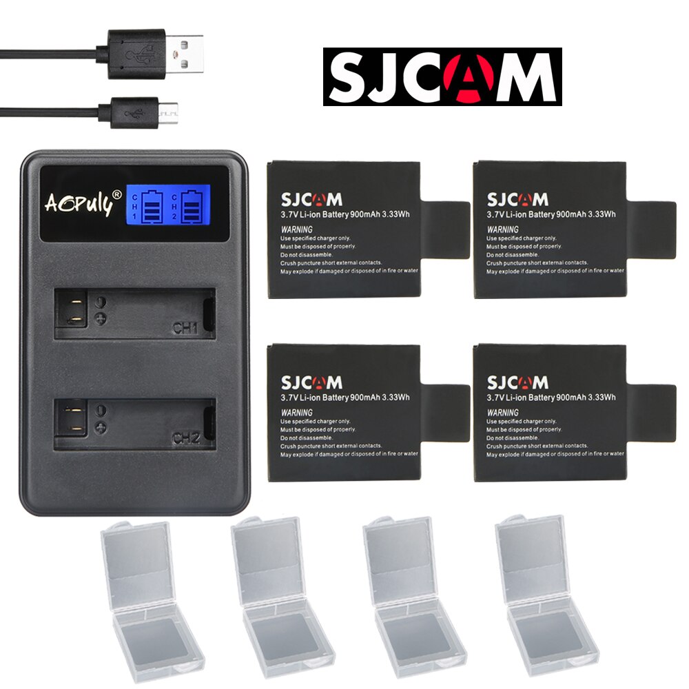 AOPULY 4pc SJCAM sj4000 batterij + USB LCD Dual charger bateria sj7000 sj5000 sj6000 sj8000 SJ M10 voor SJCAM sj4000 sj5000 camera